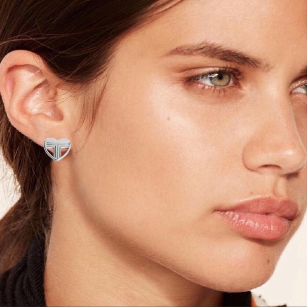 Tory Burch Silver Heart T Logo Stud Earrings